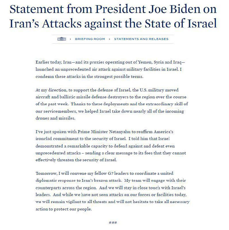 Joe Biden amerikai elnök nyilatkozatot tesz az Izrael elleni mai megtorló iráni ...