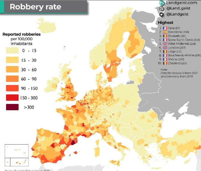 E térkép mutatja a "rablások rangsorát" Európában – ezeknek éves számát 100 ezer...