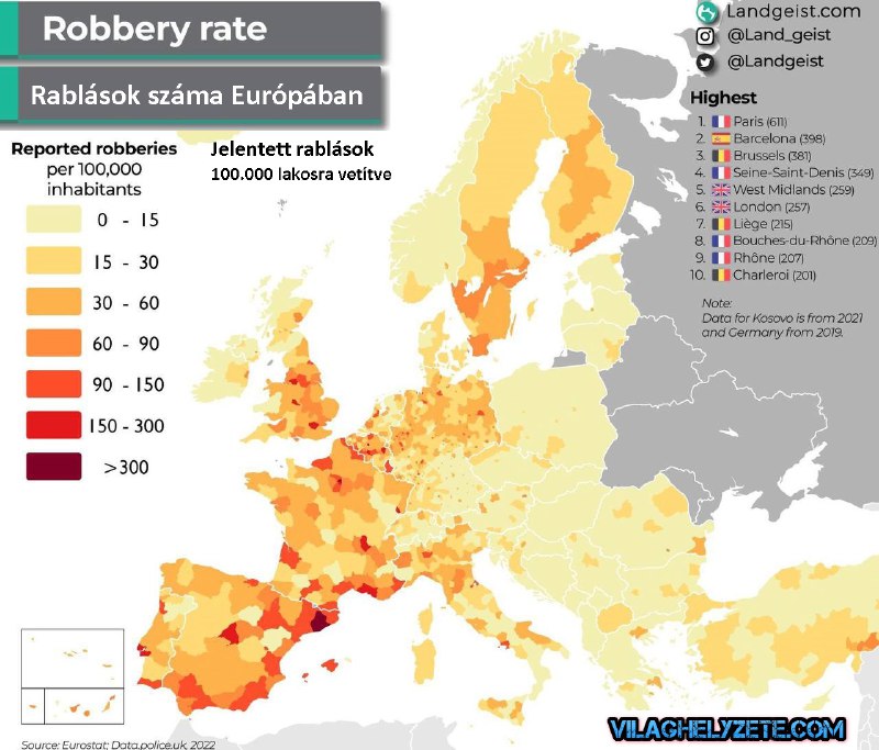 A jelentett RABLÁSOK SZÁMA EURÓPÁBAN! - 100.000 lakosra vetítve.  Vajon látható...